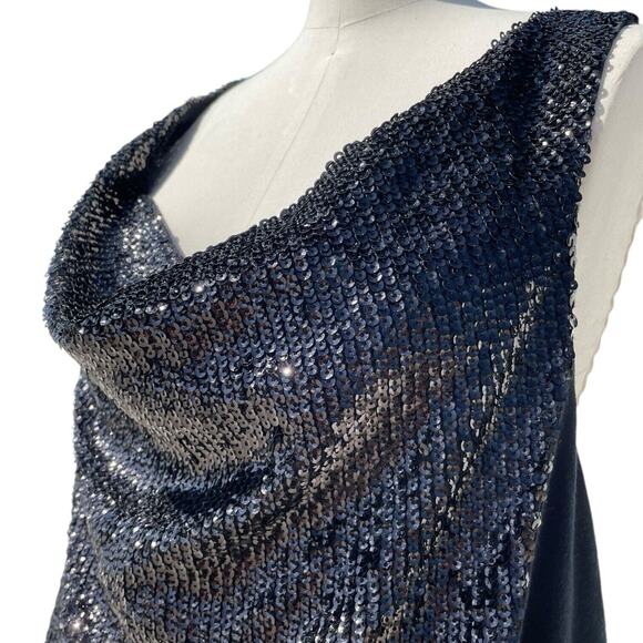 Tory Burch Black Glam Sequin Dress Wool Skirt Cowl Neck Party Holiday Sleeveless - Picture 3 of 6